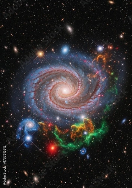 Fototapeta Deep space spiral galaxy illustration with glowing stars and a dark nebula in the universe
