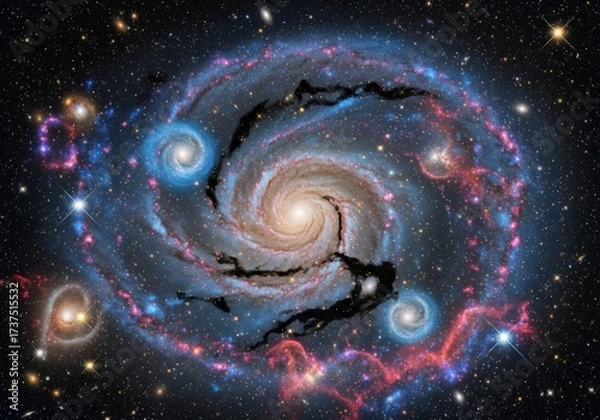 Fototapeta A vibrant blue spiral galaxy with luminous stars and a dark nebula illuminates the vast cosmos