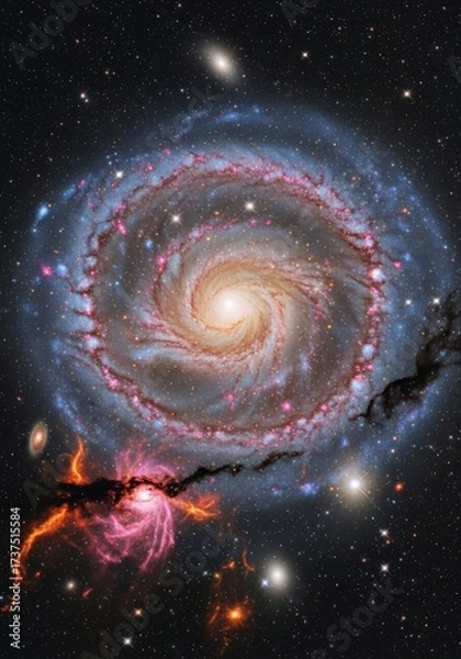 Fototapeta Deep space spiral galaxy illustration with glowing stars and a dark nebula in the universe