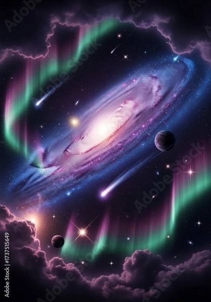 Fototapeta Blue planet in space with bright stars and deep nebula clouds