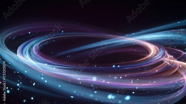 Fototapeta Abstract rendering of swirling, luminous light trails in shades of blue, purple, and gold, against a dark backdrop