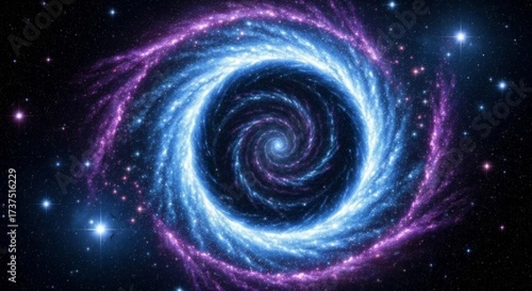 Fototapeta Abstract galaxy illustration with a blue spiral vortex of light and stars across the dark sky of the universe space background design