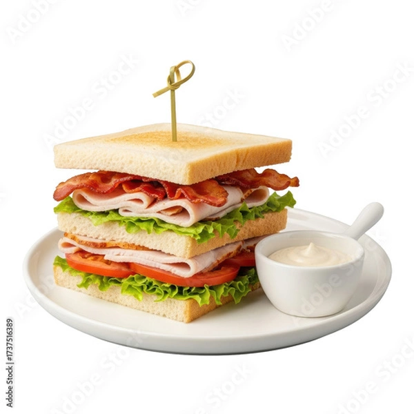 Obraz Triple-decked club sandwich, turkey, bacon, lettuce, tomato, toasted bread, aioli ramekin on white plate, transparent, 45-degree high-angle, commercial food photography concept.