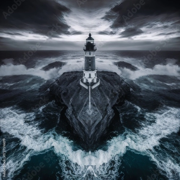 Fototapeta A drone frames a coastal cliff lighthouse with
crashing waves below under an overcast dramatic sky. 