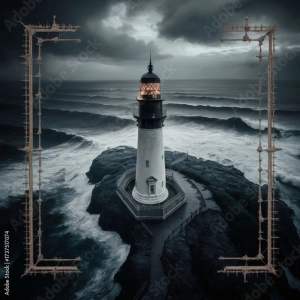 Fototapeta A drone frames a coastal cliff lighthouse with
crashing waves below under an overcast dramatic sky. 