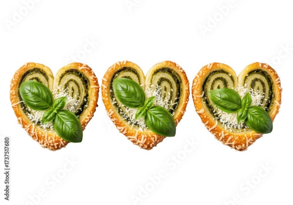 Fototapeta Three golden-brown savory palmiers with green pesto, parmesan, and basil leaves, on a transparent background with no shadows, professional food photography concept