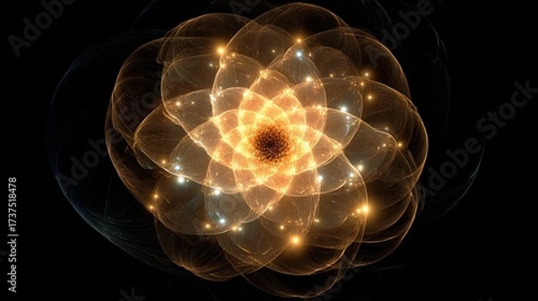 Fototapeta A glowing fractal flower with layers of translucent petals and sparkling dots against a black background