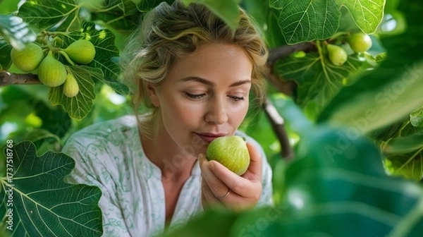 Fototapeta pretty Caucasian woman eating fig under fig tree shade	
