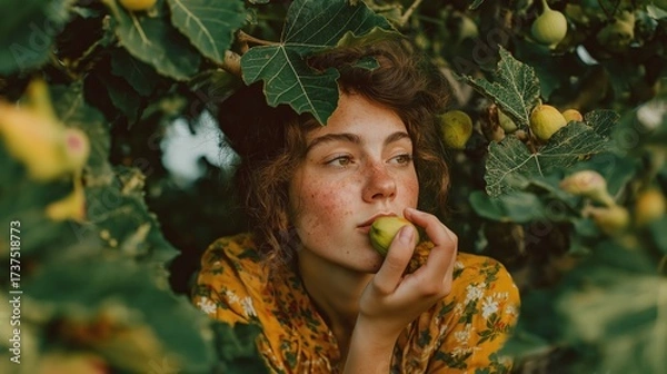 Fototapeta pretty Caucasian woman eating fig under fig tree shade	

