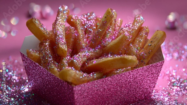 Fototapeta Glamorous Pink Glitter French Fries Served in a Shimmering Container on a Vibrant Festive Background