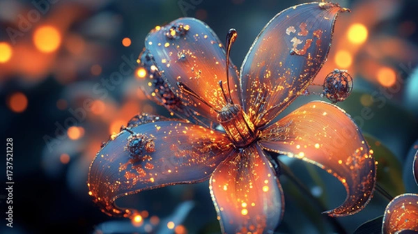Fototapeta Ethereal Glowing Flower With Sparkling Golden Light and Bokeh Background Digital Art