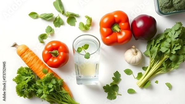 Obraz Fresh vegetables and water glass arranged for wellness.
