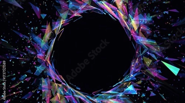 Fototapeta A black hole, surrounded by iridescent, fragmented geometric shapes, with sparse glittering particles