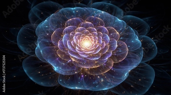 Fototapeta A digital rendering showcasing a luminescent, multi-layered flower with iridescent petals and a glowing center