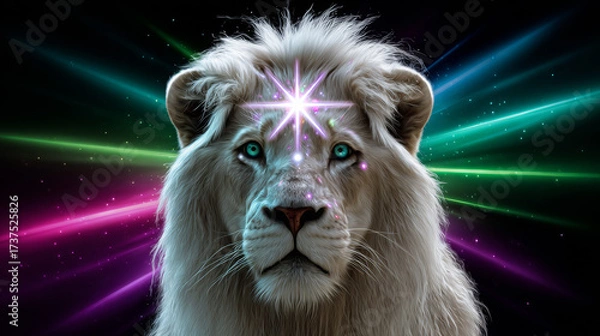Fototapeta Majestic White Lion With Glowing Third Eye Symbol and Cosmic Aura in Vibrant Galactic Background