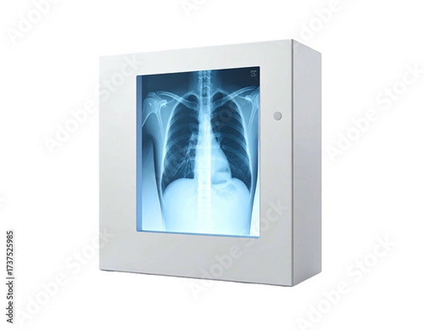 Fototapeta A lit medical view box displaying a chest X-ray, isolated on black