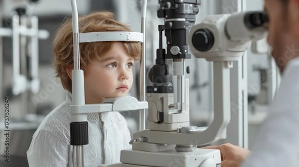 Fototapeta A young boy visiting a doctor for an eye checkup. The doctor examines the child’s eyes with medical equipment in a bright clinic, symbolizing healthcare, vision care, and child wellness.