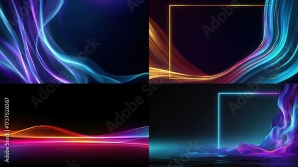 Fototapeta Four images, each featuring glowing, fluid-like shapes and geometric frames against a dark background
