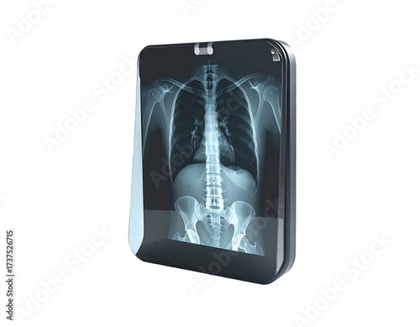Fototapeta A smartphone displaying a human chest X-ray against a black background