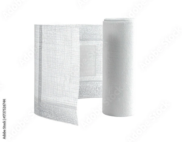Fototapeta A roll of white bandage material, partially unrolled, against a dark backdrop