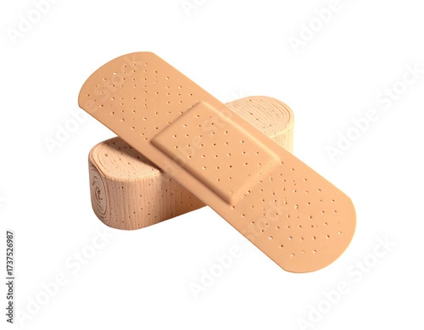 Fototapeta A 3D rendering of a beige bandage with a roll in the background, on black