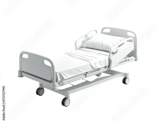 Fototapeta A hospital bed, white and pristine, with a pillow and linens, wheels visible