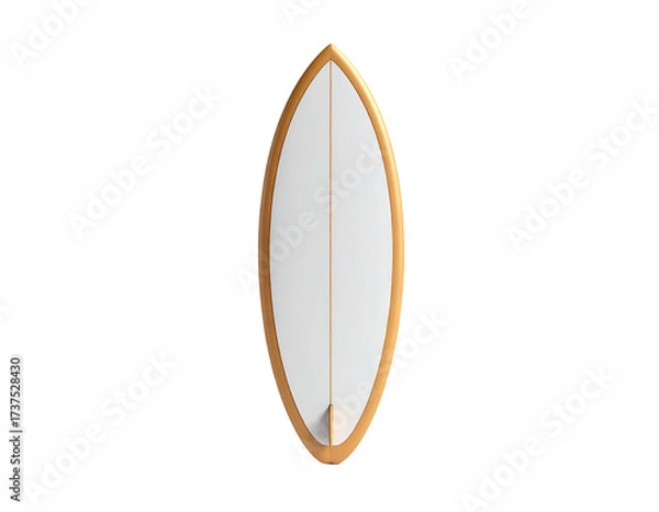 Fototapeta A pristine white surfboard with golden edges against a stark black background
