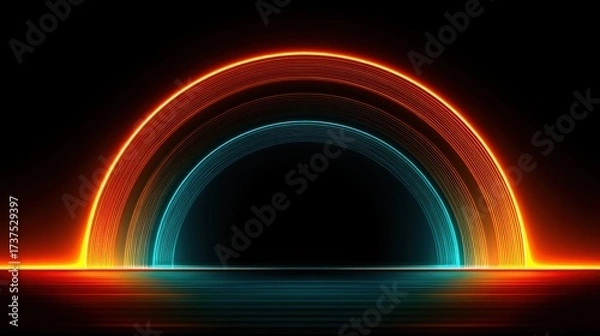 Fototapeta A semi-circular glowing archway of orange and teal light against a black backdrop, reflecting below