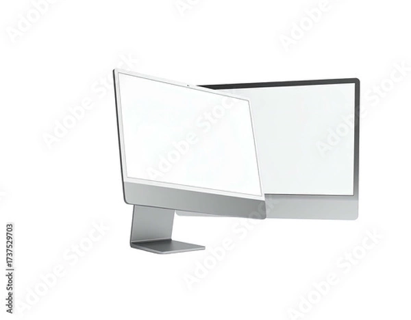 Obraz Two modern all-in-one computer monitors with blank white screens, black background