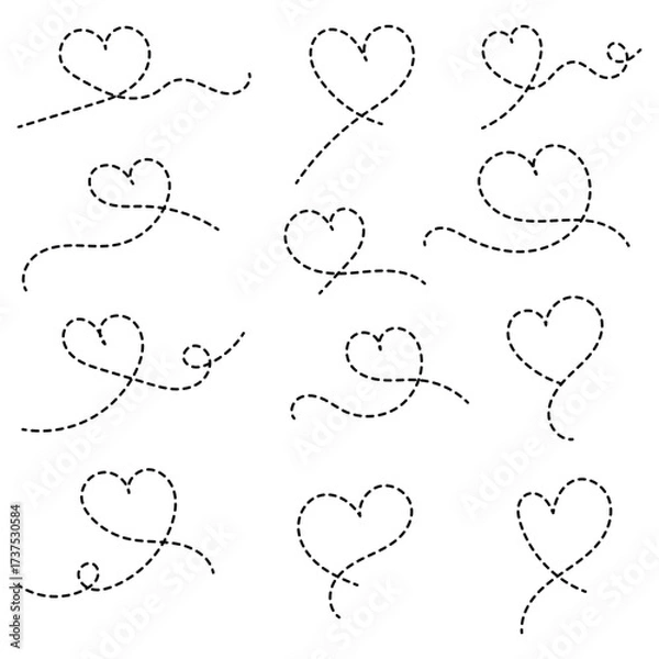Fototapeta Dotted line heart path. Set of love decorative elements, romantic dashed lines for Valentine's Day, for wedding or anniversary. Wavy Dashed Curvy Line, Loopy Squiggle Path, Decorative Wave Border.