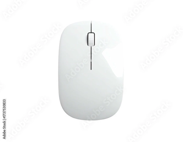 Obraz A sleek, white, wireless computer mouse, top view, on a stark black background