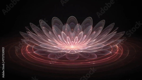 Fototapeta A radiant, ethereal lotus flower floats on concentric ripples against a deep, dark backdrop