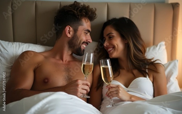 Obraz Loving young sensual couple with Champagne in bed. High quality