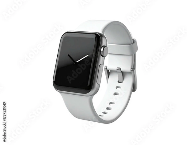 Obraz Modern smartwatch, stainless steel case, white band, black screen, isolated on black