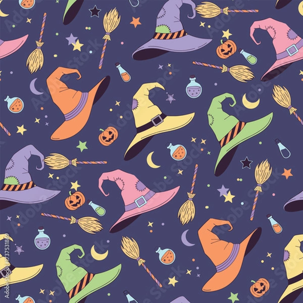 Fototapeta Seamless Halloween witch hat pattern spooky cute minimalist playful party vector