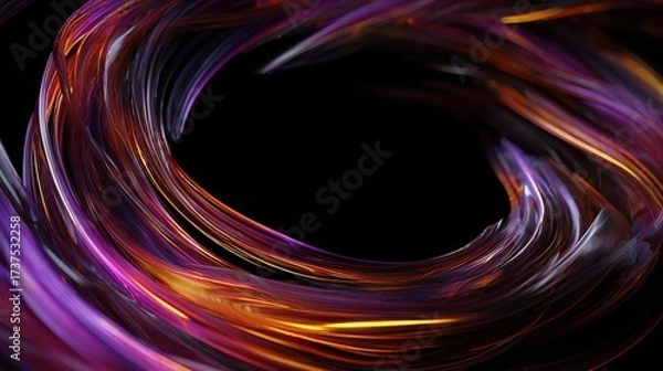 Fototapeta Abstract, swirling strands of color form a circular shape against a deep black backdrop, creating a vibrant aura
