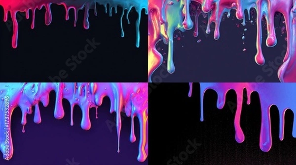 Fototapeta Four panels showcase vibrant, dripping, fluid art. A rainbow of colors flows downward against a dark backdrop