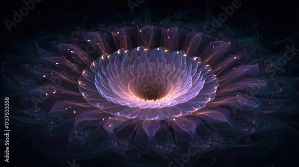 Fototapeta A luminous floral fractal blooms, with layered petals in purple and gold, against a dark, ethereal background