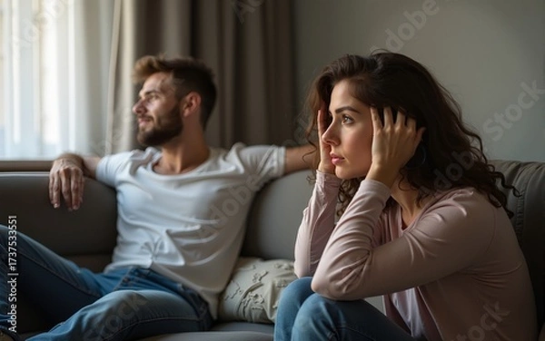 Obraz Offended angry woman sits on sofa at home after an argument with her husband. Broken marriage. High quality