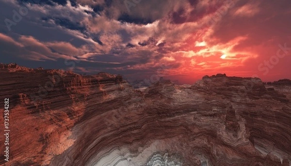 Obraz Mars at sunset, panorama of Mars, alien landscape, a panorama of a surface of another planet, 3D rendering