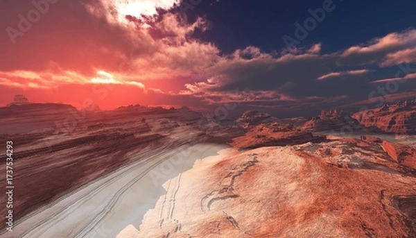 Obraz Mars at sunset, panorama of Mars, alien landscape, a panorama of a surface of another planet, 3D rendering