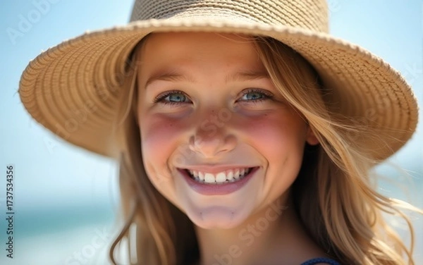 Obraz Portrait of a pretty young girl in straw hat. High quality