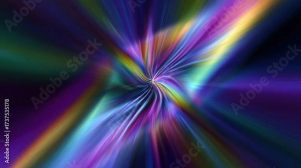 Fototapeta An abstract vortex of colorful light rays emanates from a central point, creating a dynamic, swirling visual