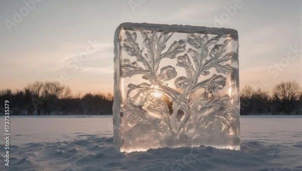 Obraz Frozen art, a large rectangular ice block, carved with plant-like patterns,  sunset through