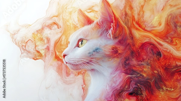 Fototapeta Elegant White Cat Profile Amidst Fiery Abstract Swirls and Golden Fluid Art