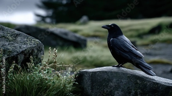 Obraz A Majestic Black Bird Perched Gracefully on a Solid Rock Surrounded by Lush Green Fields Under a Clear Blue Sky Showcasing Nature's Beauty