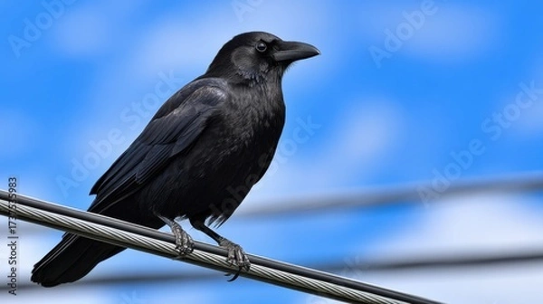 Obraz A solitary black bird perched gracefully on a wire against a soft blue sky creating a tranquil and serene atmosphere highlighting nature's beauty