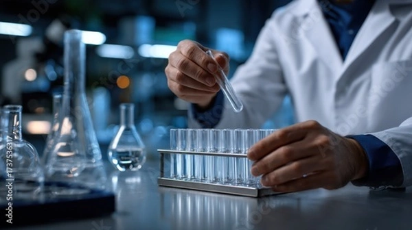 Obraz Scientist in Lab Coat Holding Pipe in Laboratory Environment Conducting Research with Precision and Focus on Scientific Innovation and Discovery