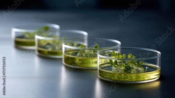 Obraz Tranquil Setting of Three Small Glass Cups Filled with Vibrant Green Tea Surrounded by a Natural Environment Evoking Calmness and Refreshment