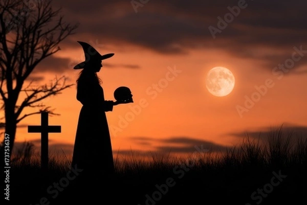 Obraz Mysterious Silhouette of a Witch Holding a Skull Against a Dark Background Evoking Enchantment and Intrigue in a Spooky Atmospheric Scene
